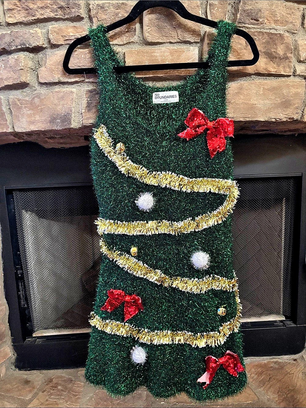 NWOT Christmas Tree Tinsel Midi Dress with gold bells, red bows Large